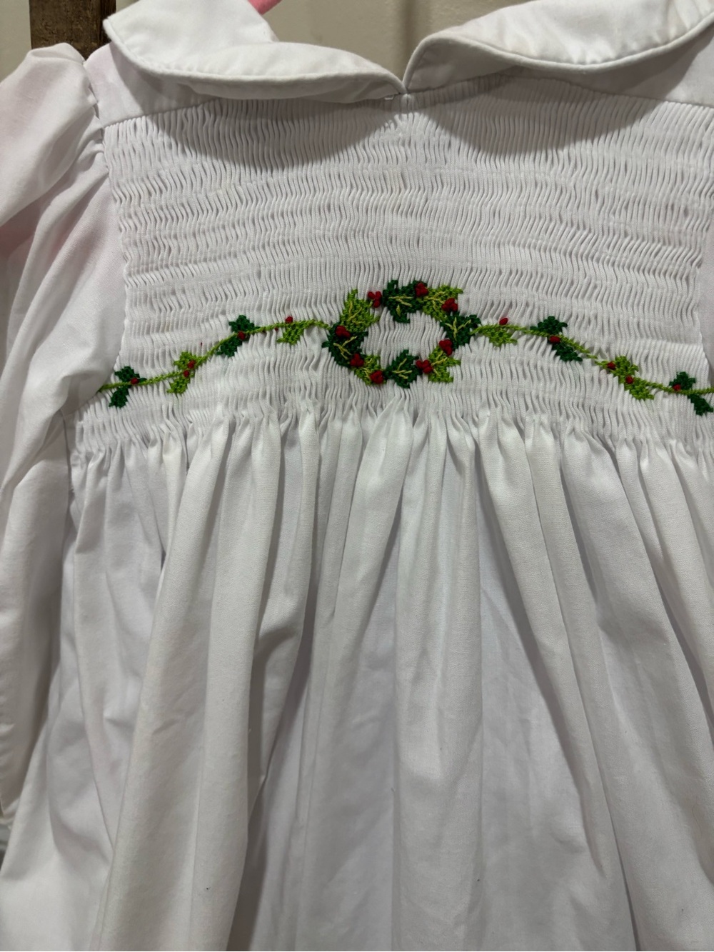 White Smocked Girls' Dress with Green & Red Embroidery